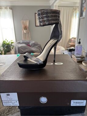 bebe Gunmetal Sueded Ankle-Cuff Stiletto Sandals